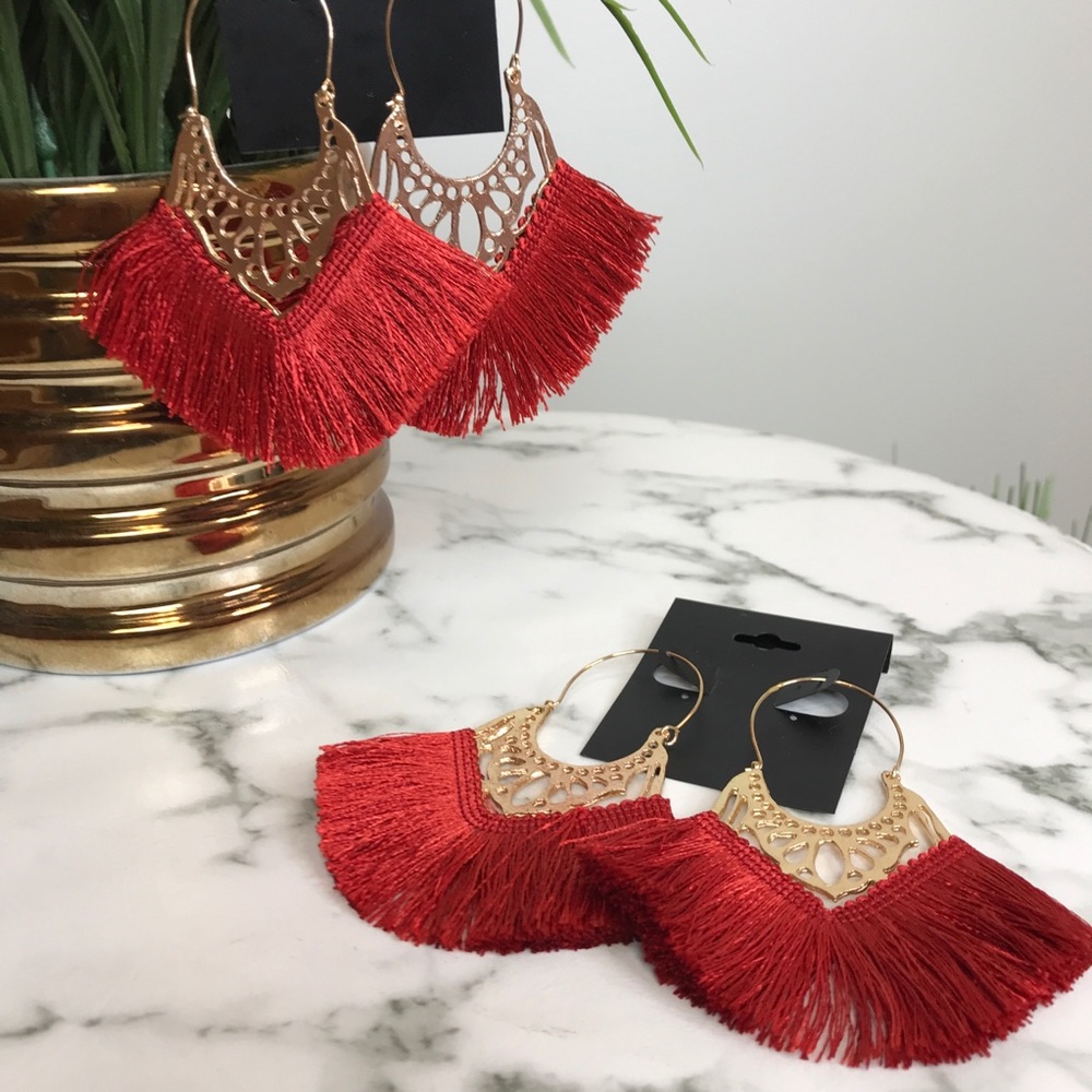 ‼️ Brick Red Thread Fan Earrings Boho Chic Gold - Picture 3 of 8